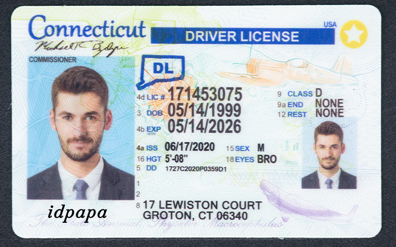 Connecticut Driver License labeled idpapa, featuring a male photo, with a 2020 issue date and 2026 expiration, and listing Groton, CT as the address